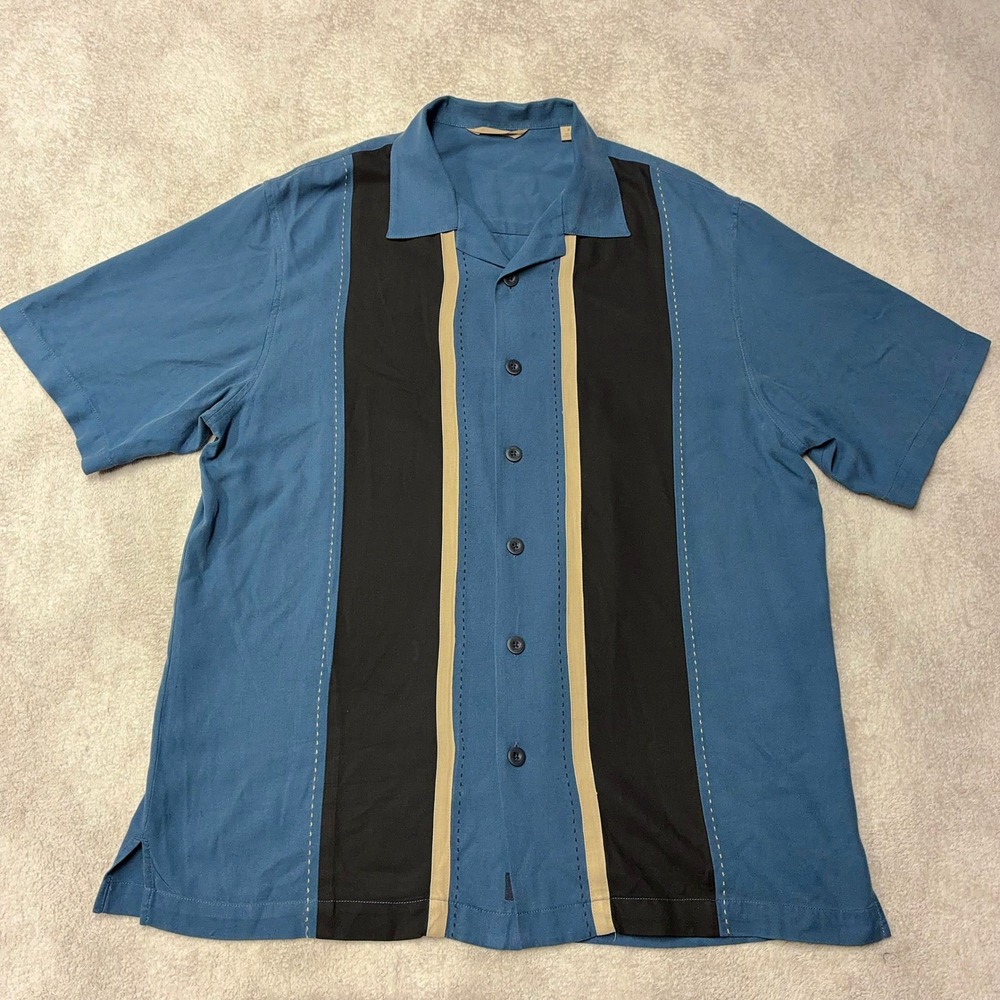 Vintage Tommy Bahama 100% Silk Bowling Camp Shirt Blue Black Striped Mens L